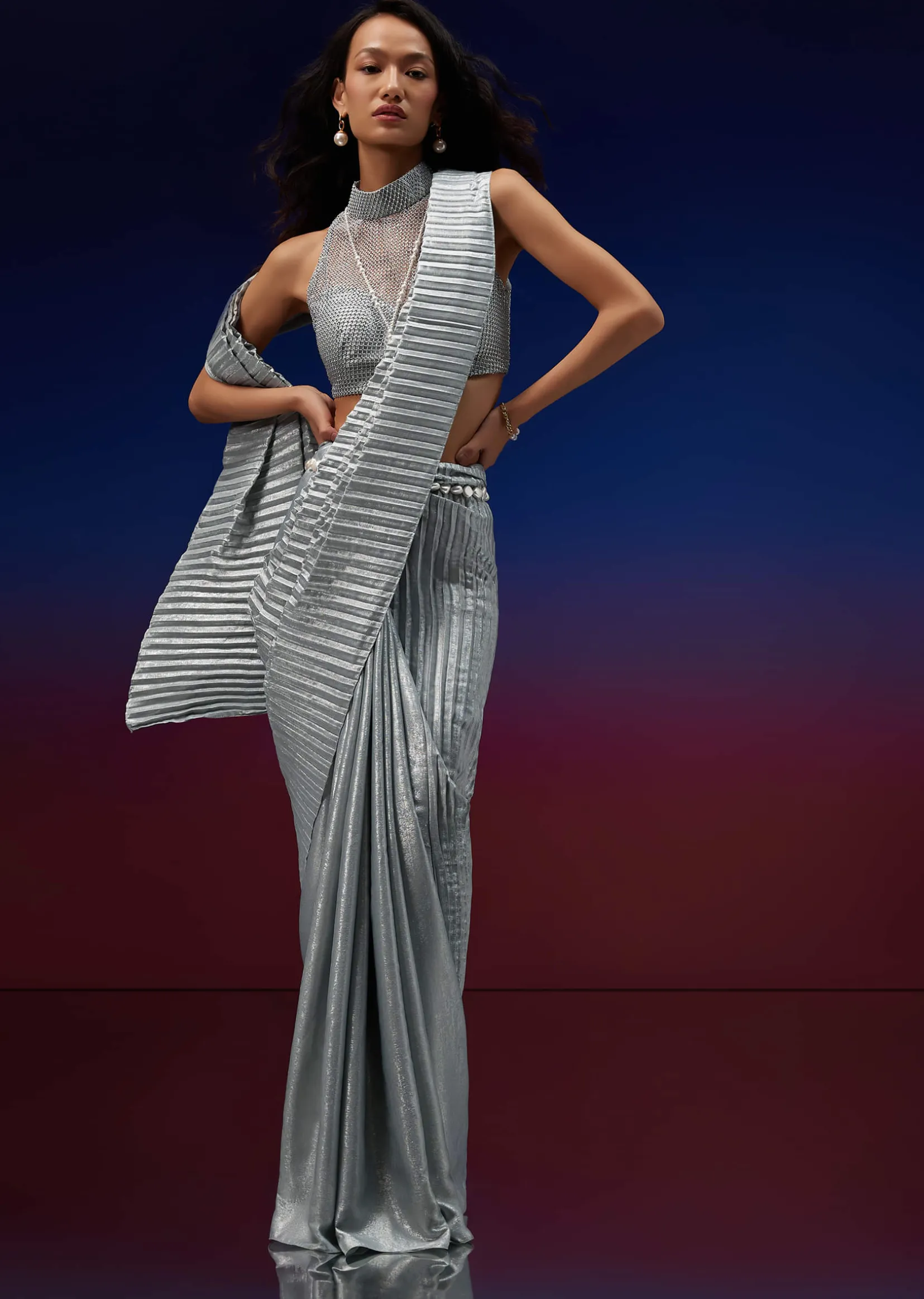 Powder Blue Silver Foil Open Saree With Net Blouse