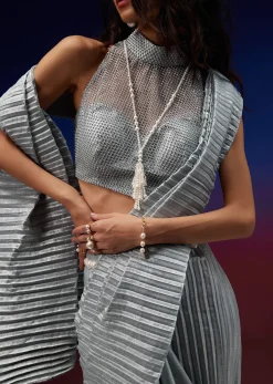 Powder Blue Silver Foil Open Saree With Net Blouse