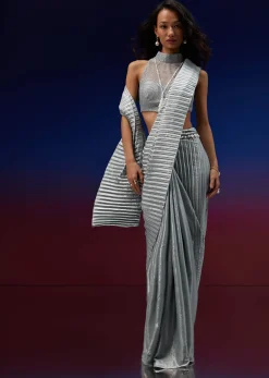 Powder Blue Silver Foil Open Saree With Net Blouse