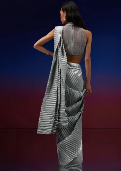 Powder Blue Silver Foil Open Saree With Net Blouse