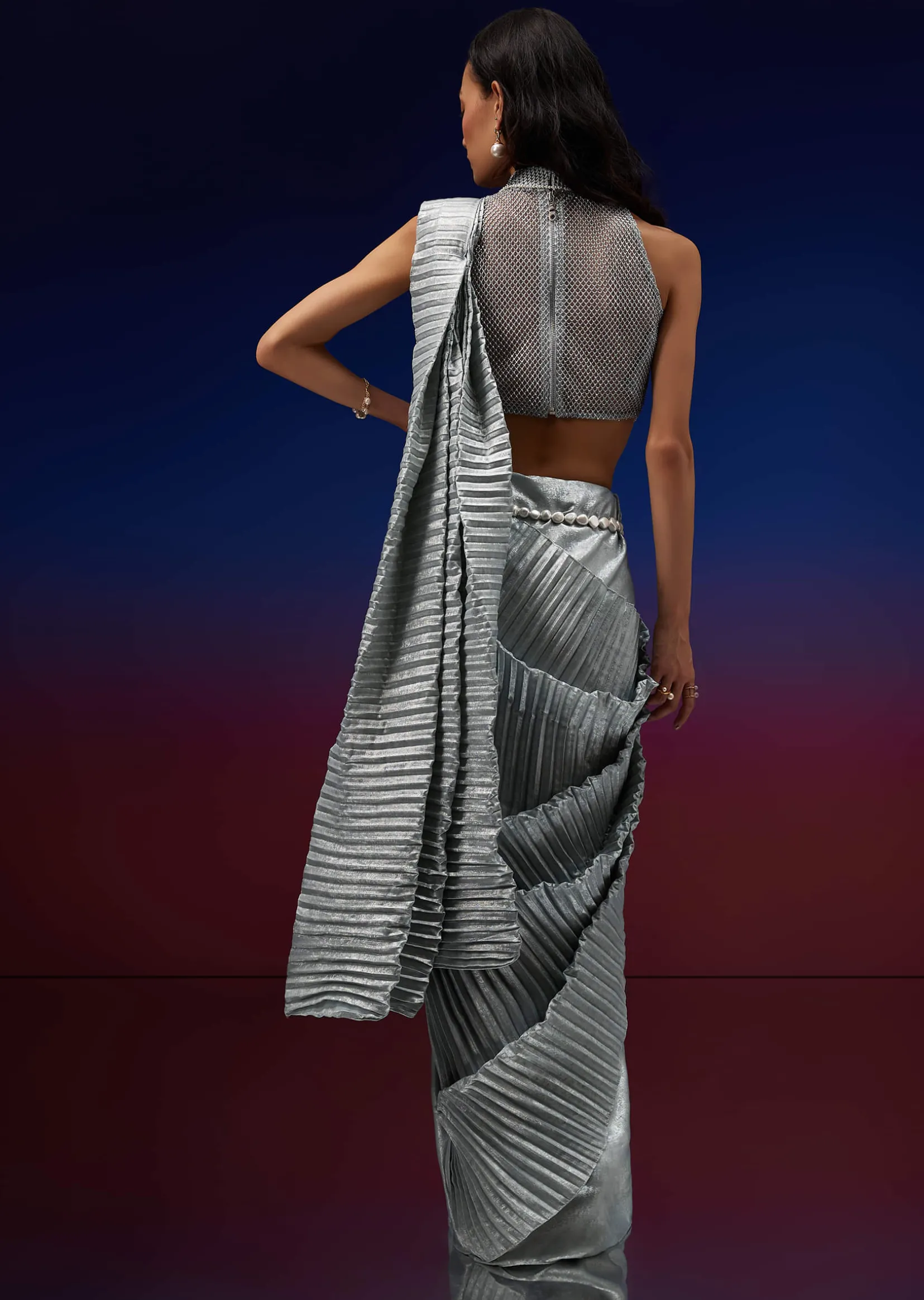 Powder Blue Silver Foil Open Saree With Net Blouse