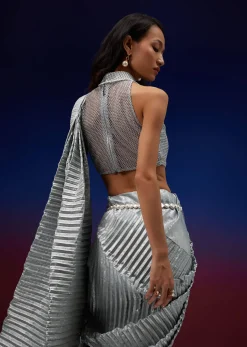 Powder Blue Silver Foil Open Saree With Net Blouse