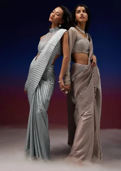 Powder Blue Silver Foil Open Saree With Net Blouse