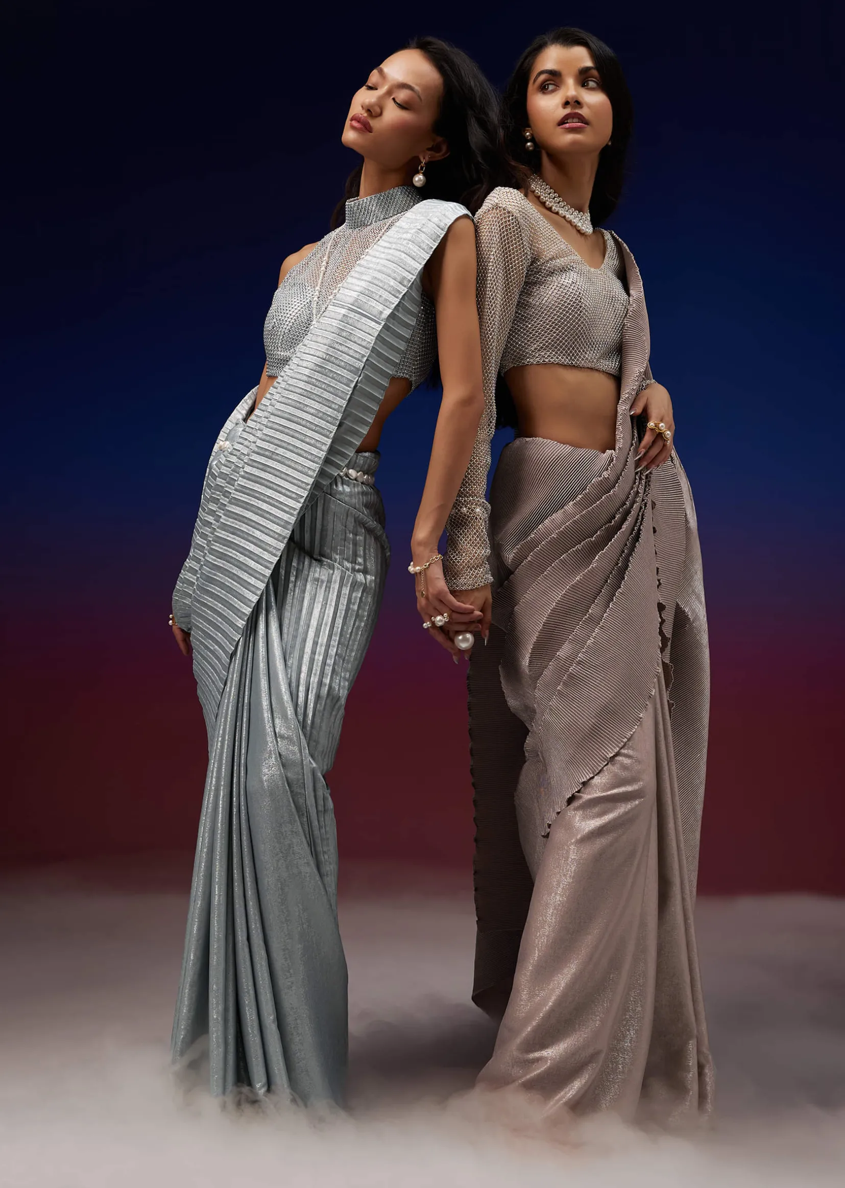 Powder Blue Silver Foil Open Saree With Net Blouse