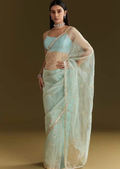 Powder Blue Tissue Embroidered Saree With Scallop Border