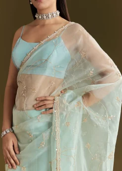 Powder Blue Tissue Embroidered Saree With Scallop Border