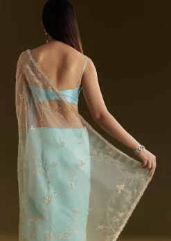 Powder Blue Tissue Embroidered Saree With Scallop Border