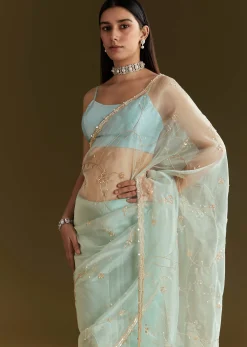 Powder Blue Tissue Embroidered Saree With Scallop Border