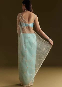 Powder Blue Tissue Embroidered Saree With Scallop Border