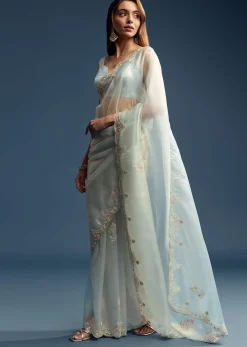 Powder Blue Tissue Saree With Cutdana Embroidery