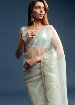 Powder Blue Tissue Saree With Cutdana Embroidery