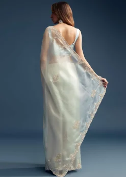 Powder Blue Tissue Saree With Cutdana Embroidery