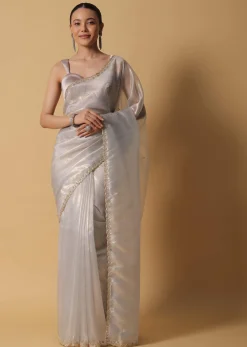 Powder Green Foil Saree In Tissue With Cut Dana Embroidered Borders