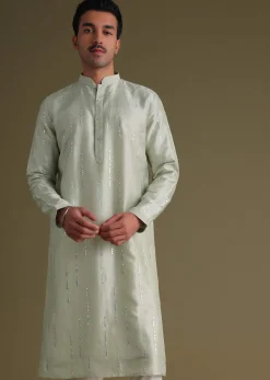 Powder Green Kurta Set With Mirror Work Embroidery In Cotton Silk