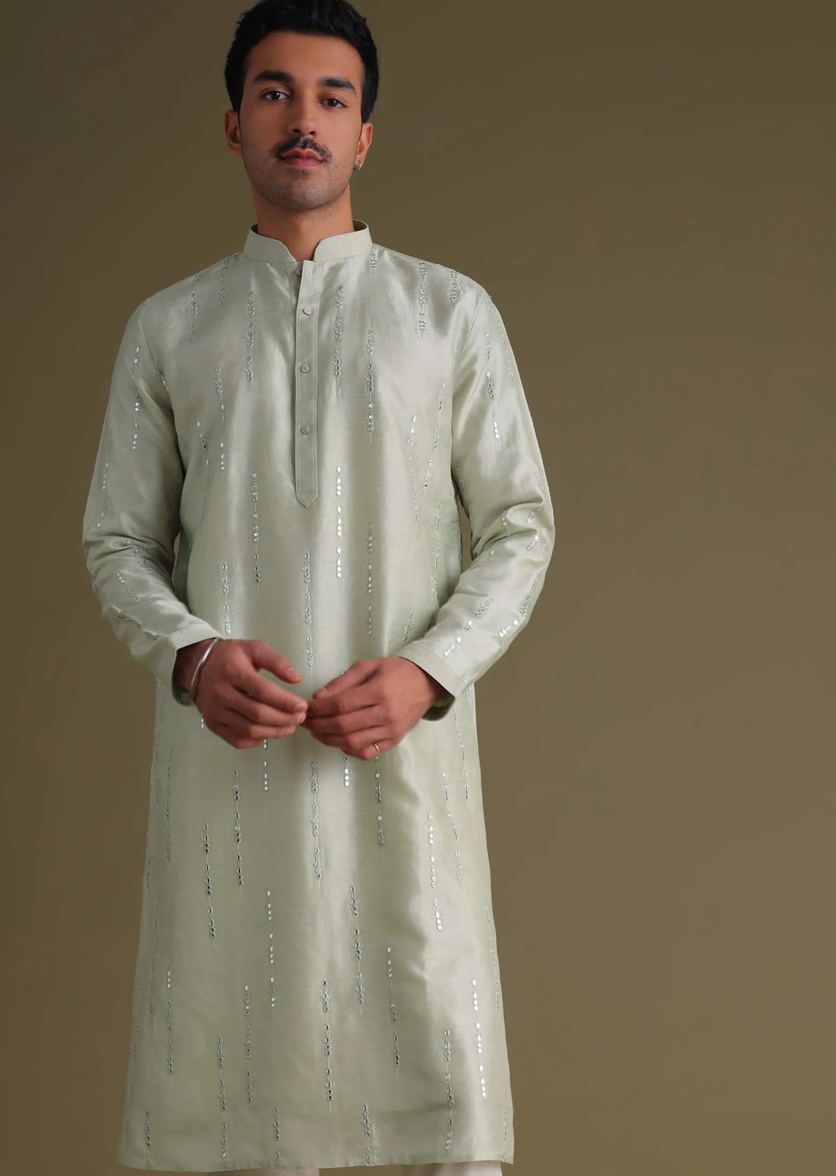 Powder Green Kurta Set With Mirror Work Embroidery In Cotton Silk