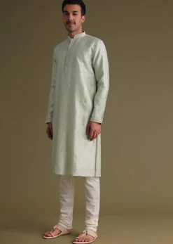 Powder Green Kurta Set With Mirror Work Embroidery In Cotton Silk