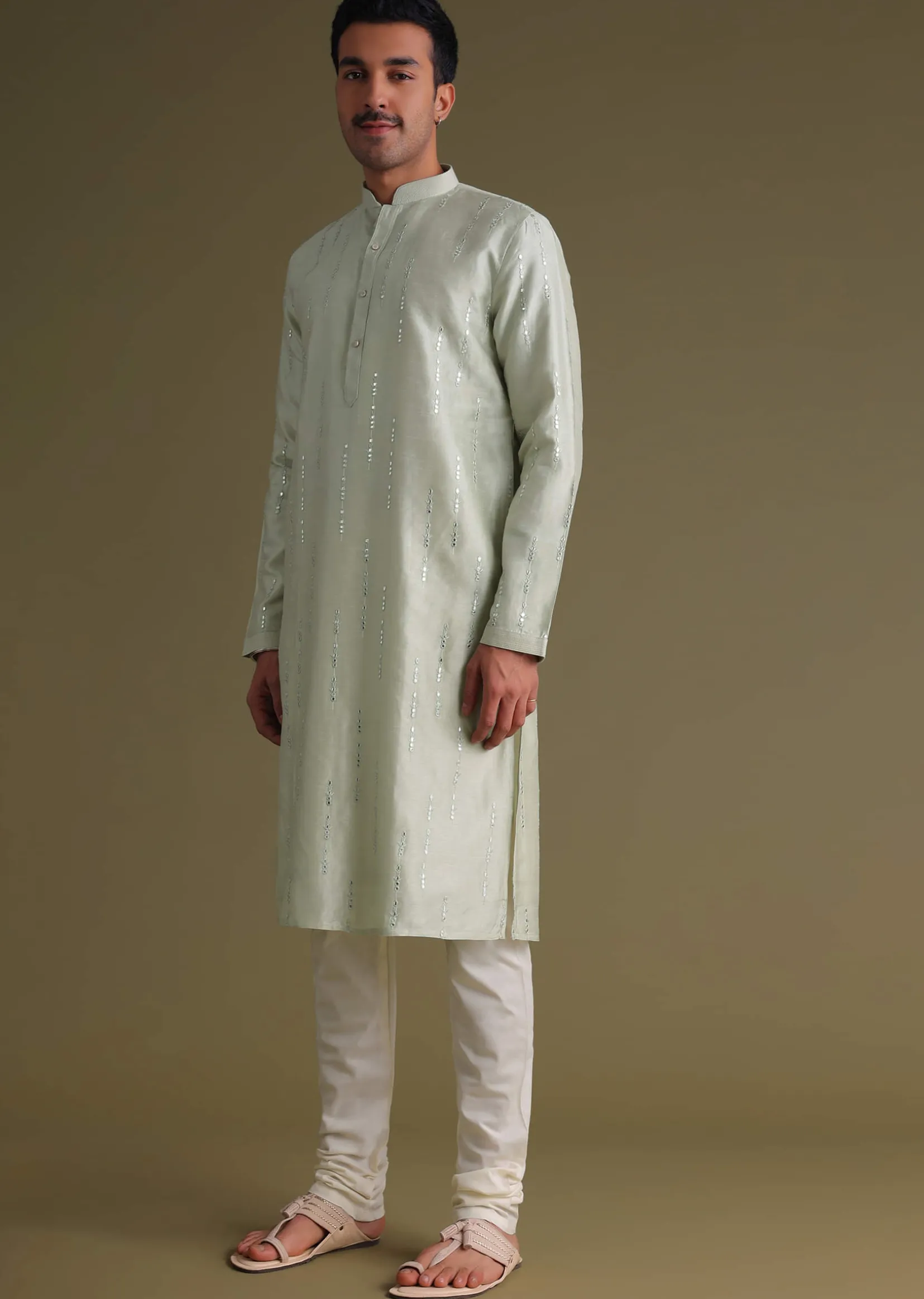 Powder Green Kurta Set With Mirror Work Embroidery In Cotton Silk