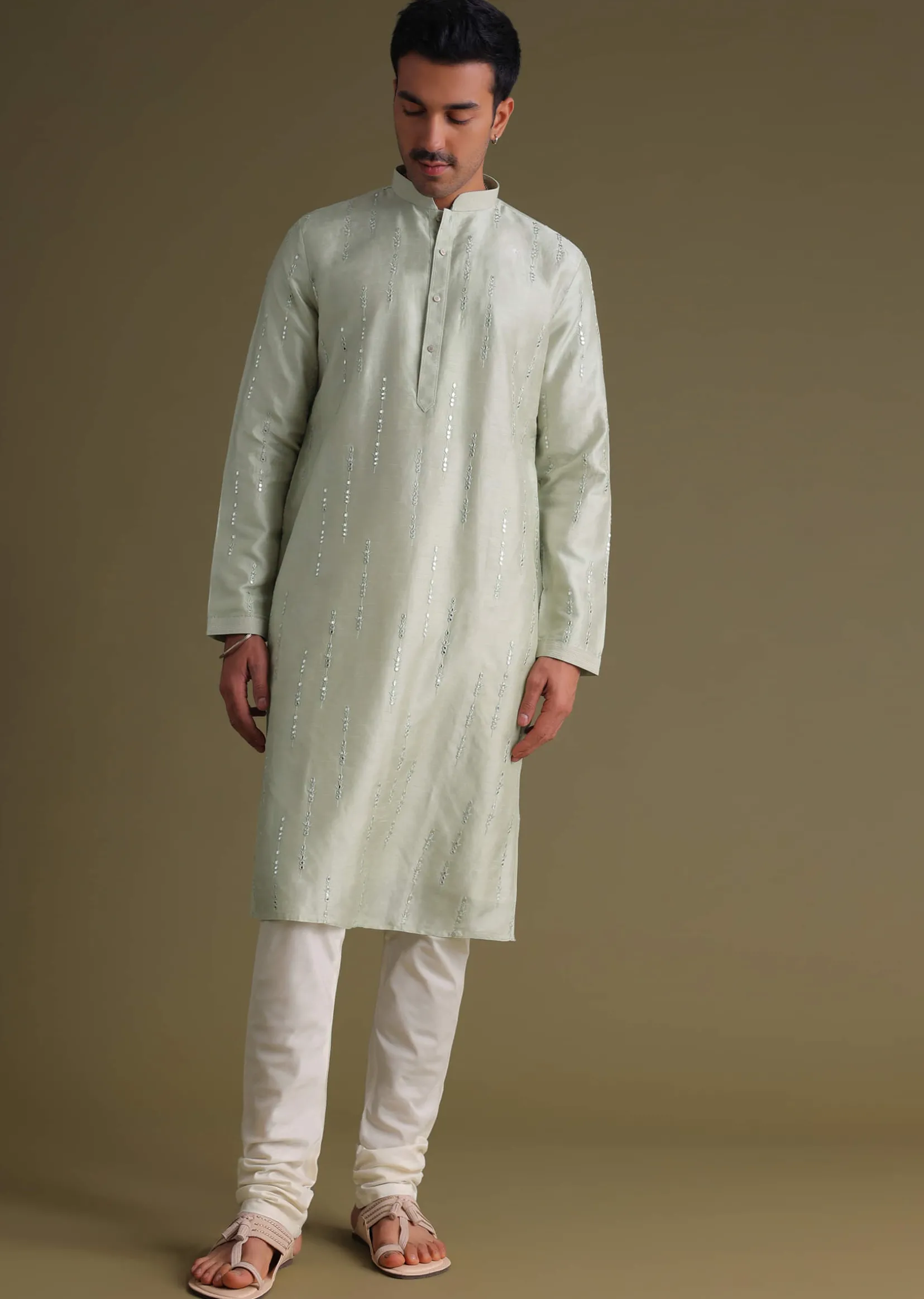 Powder Green Kurta Set With Mirror Work Embroidery In Cotton Silk