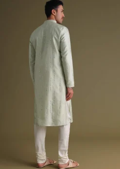 Powder Green Kurta Set With Mirror Work Embroidery In Cotton Silk