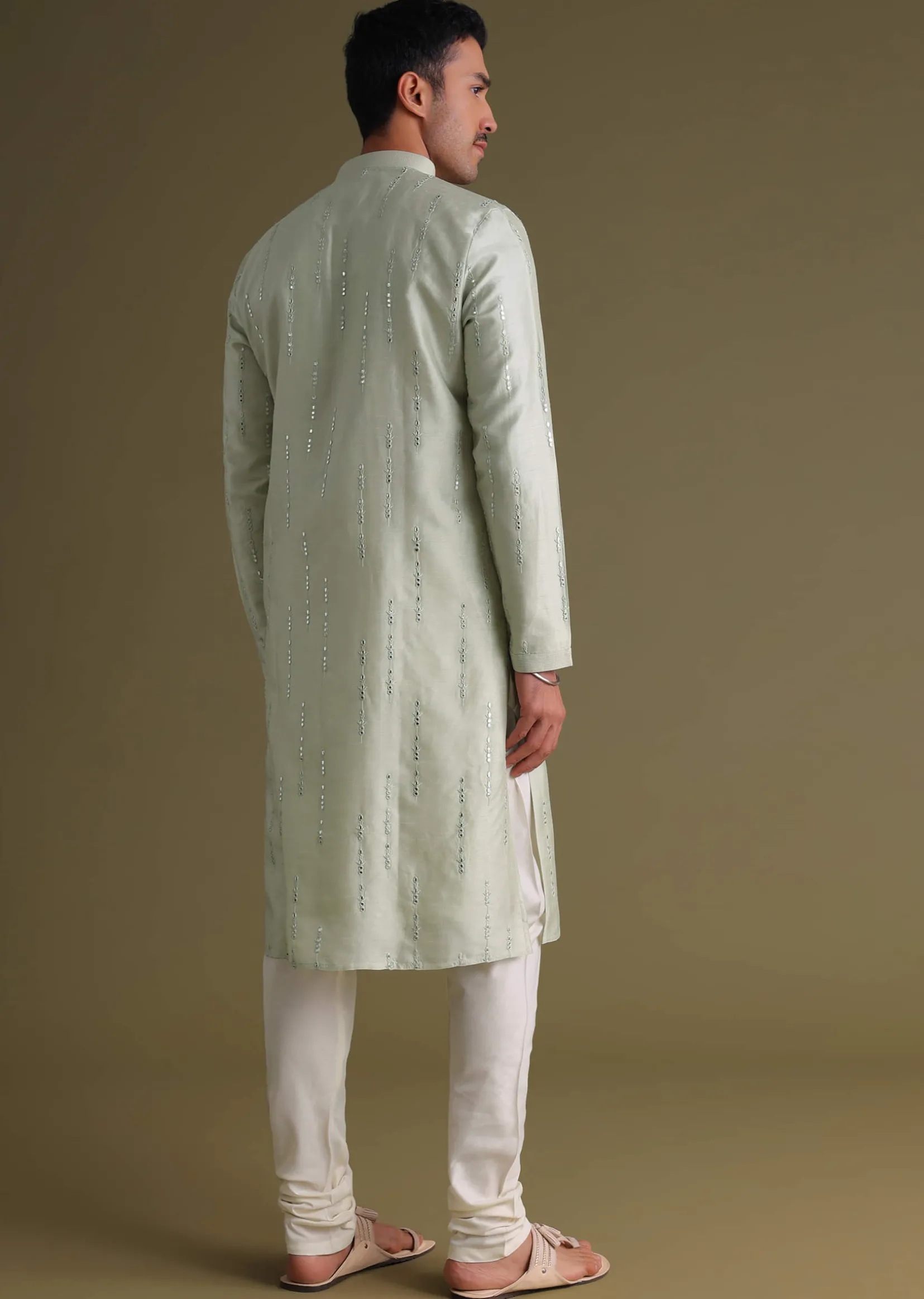 Powder Green Kurta Set With Mirror Work Embroidery In Cotton Silk