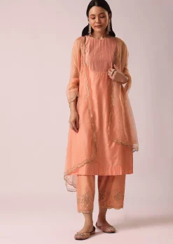 Powder Peach Chanderi Kurta And Pant Set