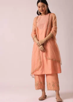 Powder Peach Chanderi Kurta And Pant Set