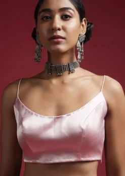 Powder Pink Blouse In Milano Satin With Spaghetti Straps On The Shoulders