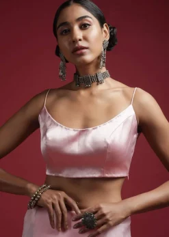 Powder Pink Blouse In Milano Satin With Spaghetti Straps On The Shoulders