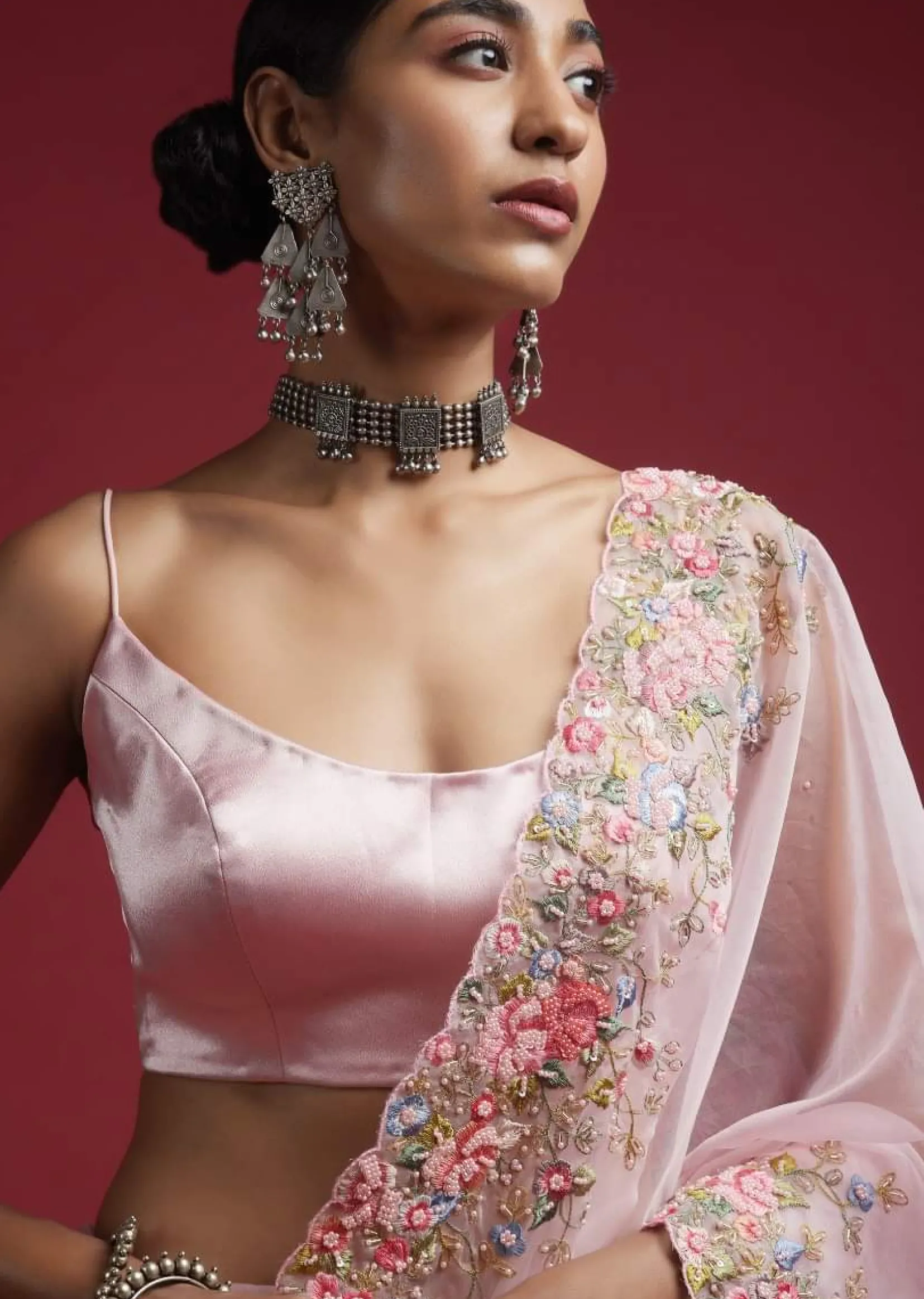 Powder Pink Blouse In Milano Satin With Spaghetti Straps On The Shoulders