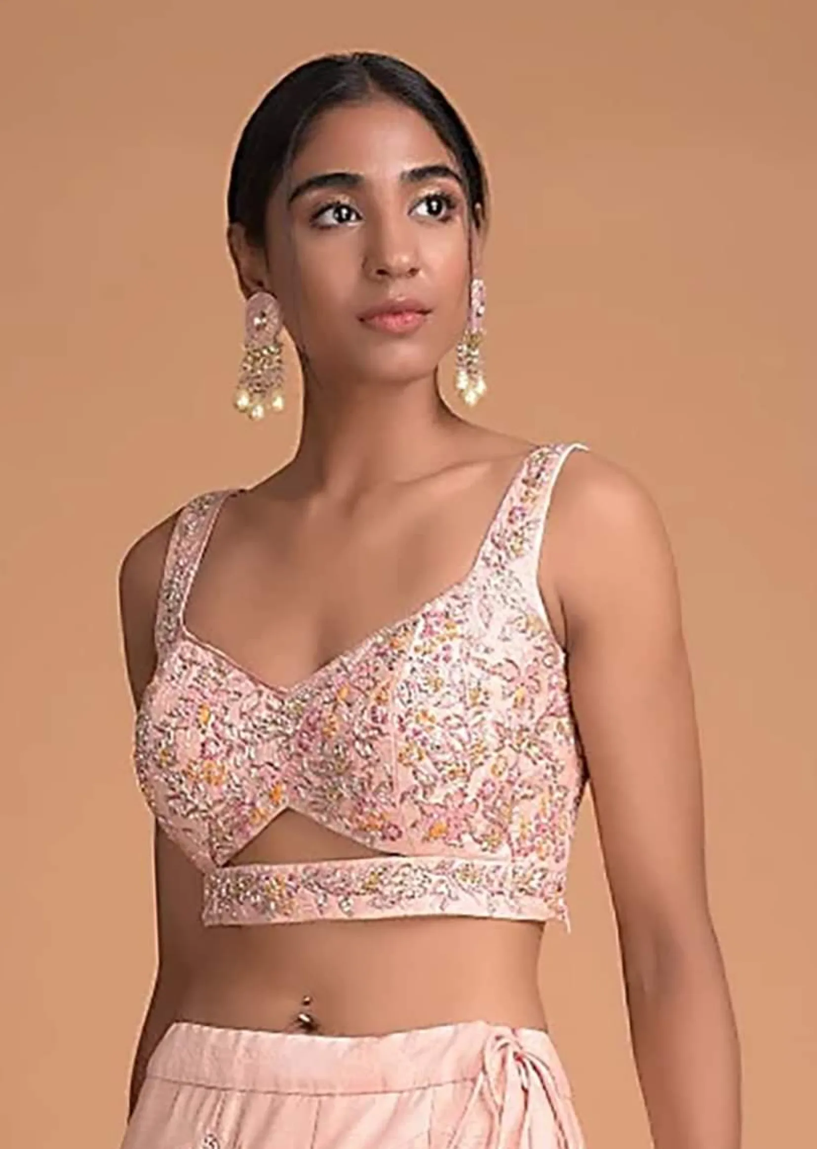 Powder Pink Blouse In Raw Silk With Beads And Zardosi Embroidered Floral Jaal