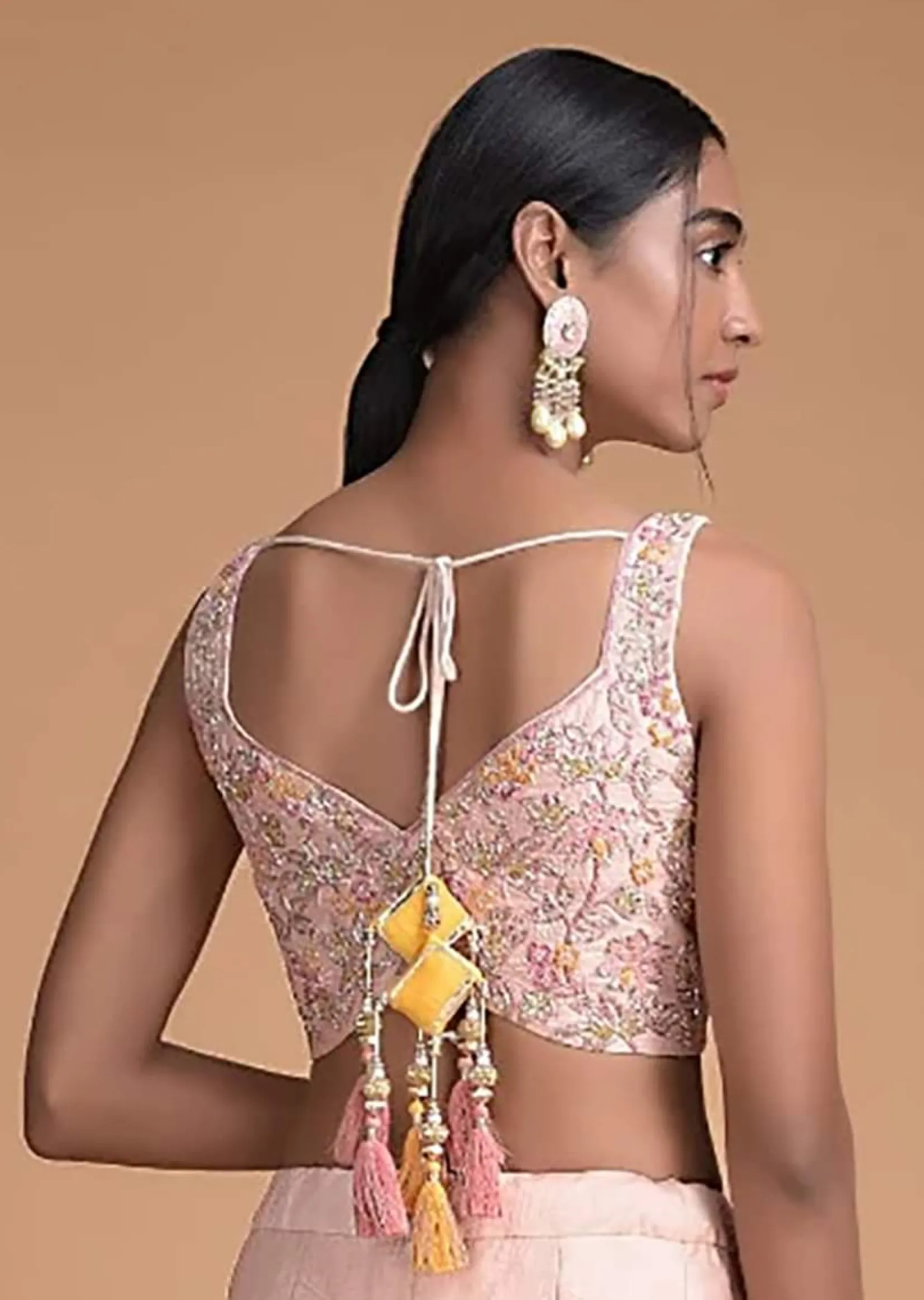 Powder Pink Blouse In Raw Silk With Beads And Zardosi Embroidered Floral Jaal