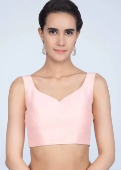 Powder Pink Blouse In Raw Silk With Sweet Heart Neck