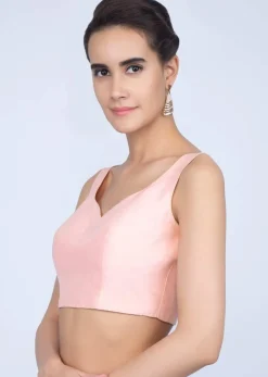 Powder Pink Blouse In Raw Silk With Sweet Heart Neck