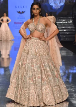 Powder Pink Festive Silver Pink Bela Lehenga Set In Embroidery And Halter Blouse - NOOR 2022