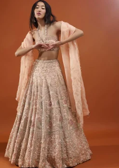 Powder Pink Festive Silver Pink Bela Lehenga Set In Embroidery And Halter Blouse - NOOR 2022