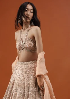 Powder Pink Festive Silver Pink Bela Lehenga Set In Embroidery And Halter Blouse - NOOR 2022