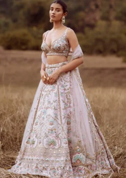 Powder Pink Lehenga Choli In Raw Silk With Colorful Resham And Cut Dana Embroidered Summertime Flowers And Mughal Motifs