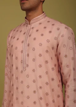 Powder Pink Printed Tussar Silk Kurta Set With Sequins