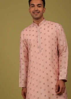Powder Pink Printed Tussar Silk Kurta Set With Sequins