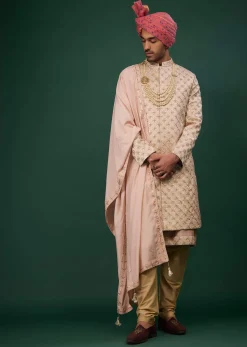 Powder Pink Raw Silk Sherwani Set With Embroidery
