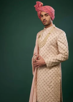 Powder Pink Raw Silk Sherwani Set With Embroidery