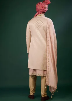 Powder Pink Raw Silk Sherwani Set With Embroidery