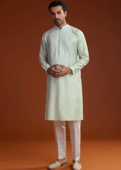 Powder Pista Green Silk Kurta Set With Resham Embroidery