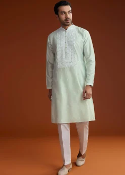 Powder Pista Green Silk Kurta Set With Resham Embroidery