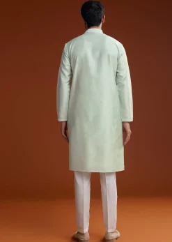 Powder Pista Green Silk Kurta Set With Resham Embroidery