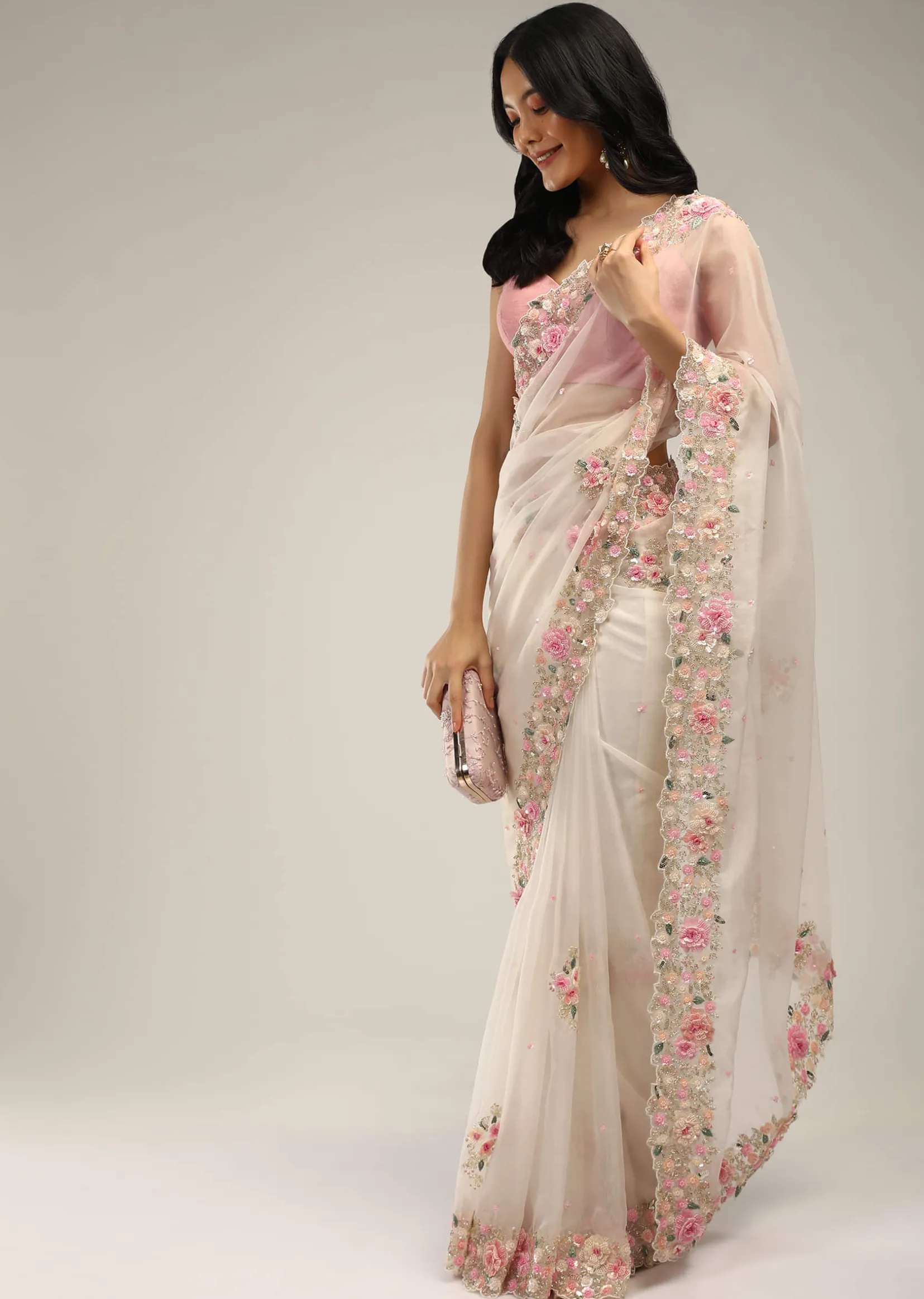 Powder White Saree In Organza With 3D Flower Embroidered Border And Buttis Featuring Multi Colored Moti And Sequins