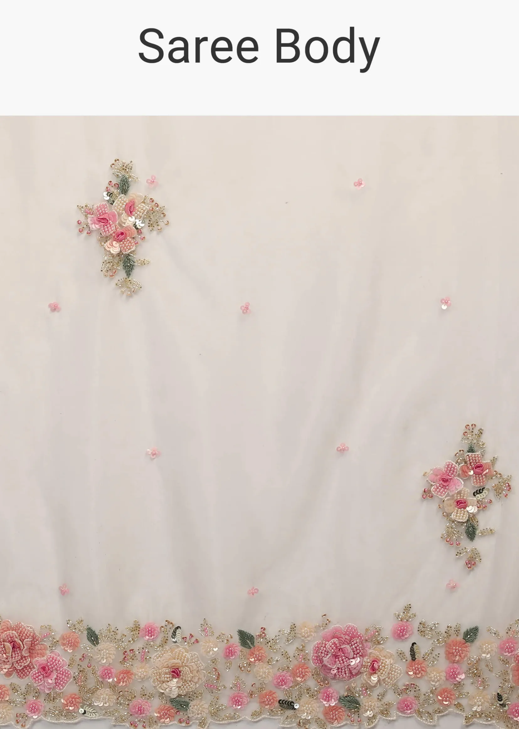 Powder White Saree In Organza With 3D Flower Embroidered Border And Buttis Featuring Multi Colored Moti And Sequins