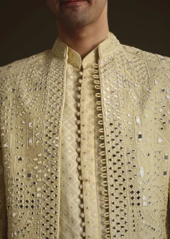 Powder Yellow Silk Mirror Work Indo Jacket Set