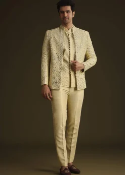 Powder Yellow Silk Mirror Work Indo Jacket Set