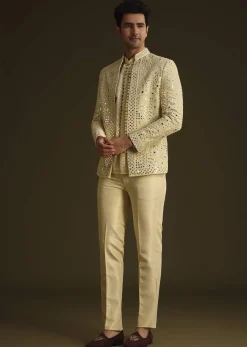 Powder Yellow Silk Mirror Work Indo Jacket Set